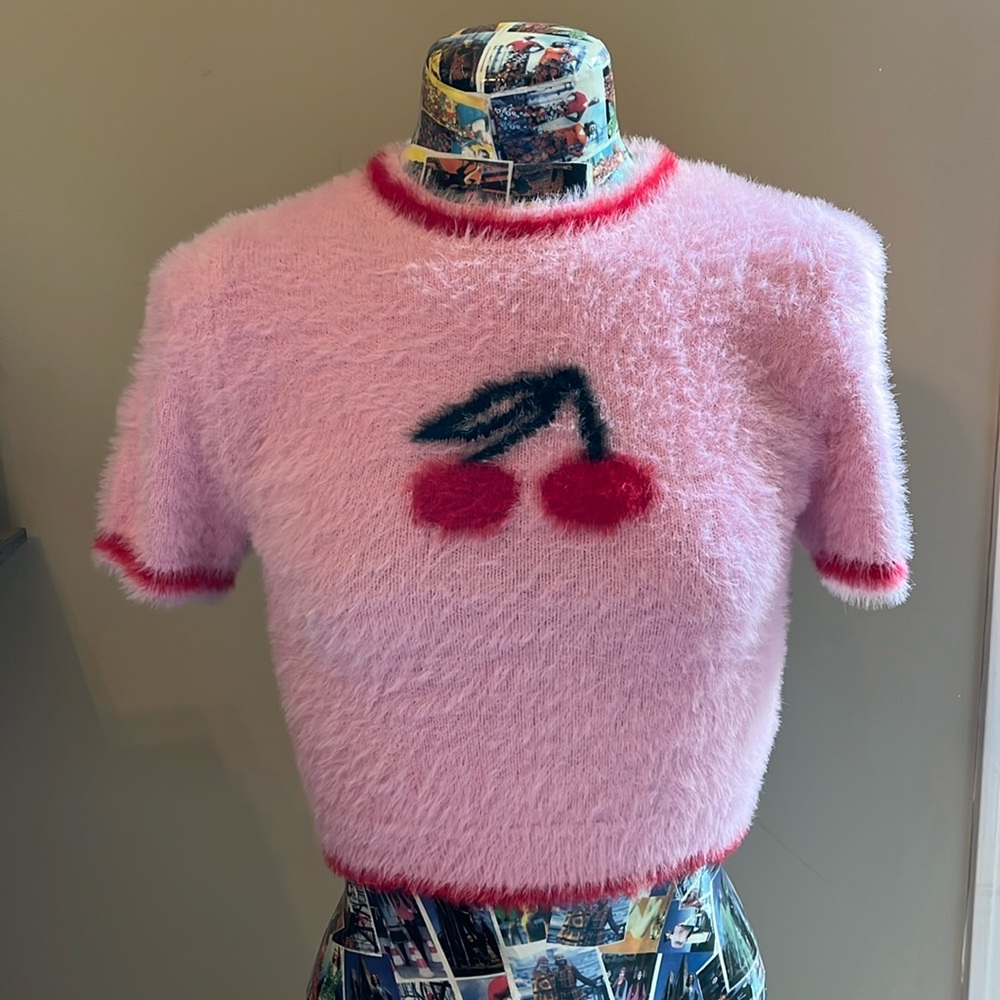 Dolls Kill Pretty Garbage Cherry fuzzy sweater top